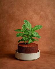 Wall Mural - Mint plant in chocolate soil, studio shot, brown background, dessert garnish