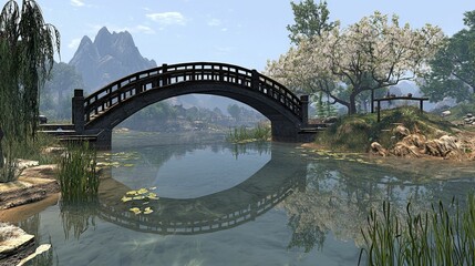 Wall Mural - Scenic Tranquil Landscape with a Curved Bridge over a Serene Lake Surrounded by Lush Trees and Majestic Mountains