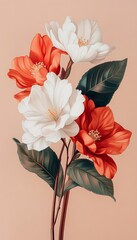 Sticker - Peach background, coral & white blooms, botanical illustration, design element