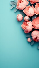 Wall Mural - Peach paper flowers corner teal backdrop