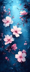 Poster - Pink blossoms bloom, dark blue backdrop, spring nature, phone wallpaper