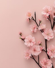 Wall Mural - Pink blossoms branch on pink backdrop