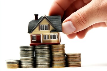 Wall Mural - a hand placing a miniature house on top of a coin stack, representing a significant financial invest
