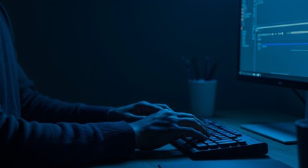 Focused coder working diligently on a computer in a dimly lit workspace