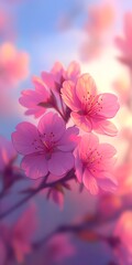 Poster - Pink cherry blossoms sunrise bloom, garden