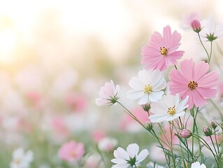 Wall Mural - Pink cosmos flowers field sunset background