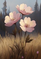 Poster - Pink flowers field sunrise forest background art print