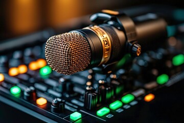 high end microphone with gold mesh is positioned on sound mixer with colorful buttons, creating professional podcasting setup