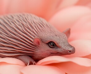 Sticker - Pink hedgehog resting rose petals, soft focus