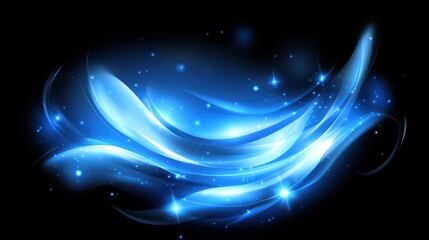 Wall Mural - Abstract blue glowing light waves and sparkles on black background.