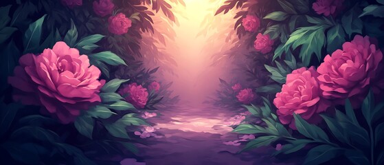 Poster - Pink Peonies Path Sunset Garden Game Background