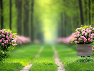 Poster - Pink roses path spring forest background