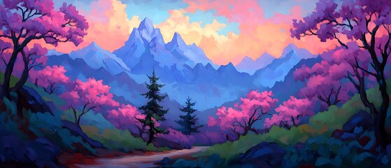 Poster - Pink trees path, sunset mountains