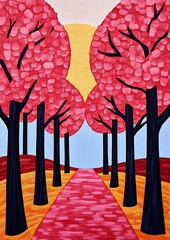 Poster - Pink trees path, sunset landscape, artistic illustration