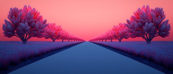 Poster - Pink trees road sunset landscape