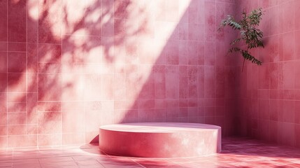 Wall Mural - Pink podium, outdoor, sunlit wall, plant, product display