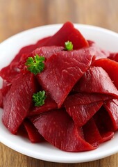 Wall Mural - Raw red meat slices on plate, wooden background