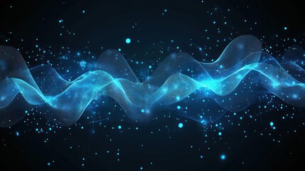 Wall Mural - Abstract blue glowing wave with particles on dark background.