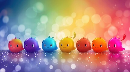 Wall Mural - Colorful, cheerful cartoon characters lined up against a vibrant, bokeh background, creating a playful atmosphere