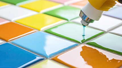 a spray gun applying acrylic paint onto a set of ceramic tiles.