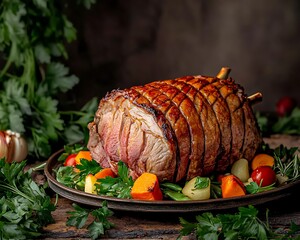 Wall Mural - Roasted pork loin, vegetables, rustic setting, food photography