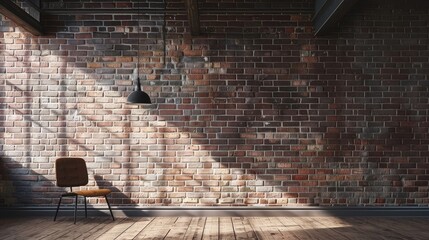 Wall Mural - A minimalist interior featuring a wooden chair against a textured brick wall, illuminated by natural light