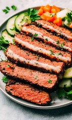 Wall Mural - Sliced steak, vegetables, plate, kitchen, food blog