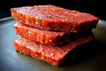 Wall Mural - Spicy Beef Slices Plate Dark Background Food Photography