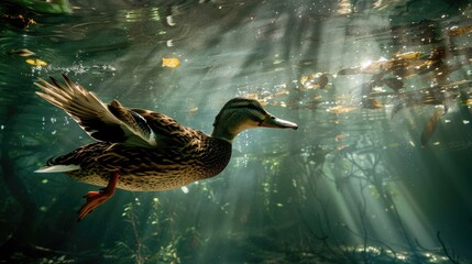 Wall Mural - A serene underwater scene featuring a duck gliding gracefully through sunlit waters surrounded by foliage