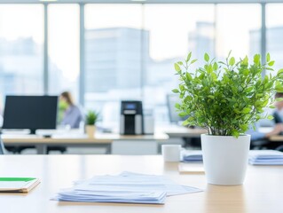 Aufkleber - A green plant in a ceramic pot placed on a wooden table in a bright indoor setting