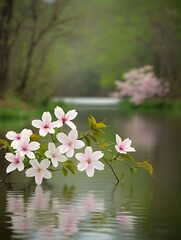 Poster - Spring blossoms reflect on tranquil creek