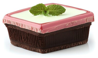 Wall Mural - Square Chocolate Dessert, Mint Garnish, White Background, Studio Shot, Food Packaging