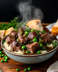 Wall Mural - Steaming beef stew with peas, mashed potatoes, bread