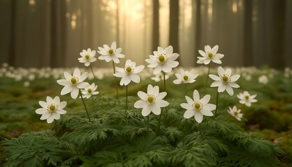 Poster - Sunrise forest blooms; misty wood anemone flowers