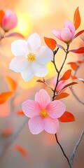 Wall Mural - Sunset blooms Pink, white flowers, orange leaves, soft background