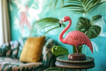 a pink flamingo figurine sitting on a small table in a tropical-themed room.