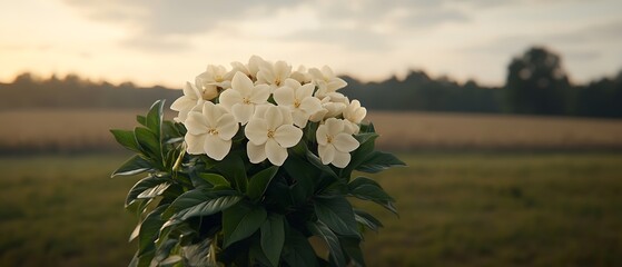 Wall Mural - Sunset field, white blooms, tranquil scene