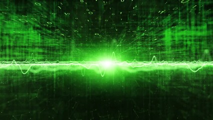 Wall Mural - glowing green digital technology wavy lines and computer data loop animation.