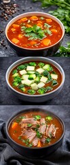 Wall Mural - Three hearty soups, dark background, herbs garnish