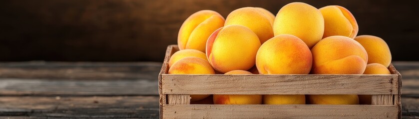 Wall Mural - A wooden crate filled with ripe, yellow peaches, set against a rustic background, creating a warm and inviting atmosphere.