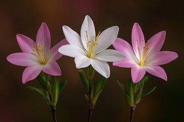 Wall Mural - Trio of pink & white flowers, studio shot, blurred background, floral design