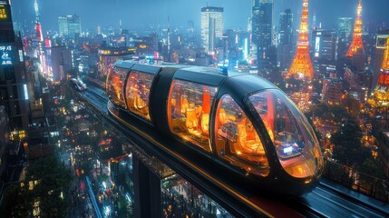 Futuristic elevated train, city night, travel, transportation