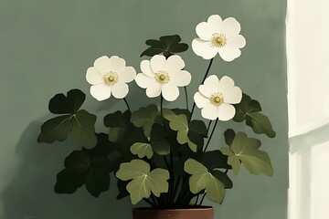 Poster - White flowers, indoor pot, sunlit wall, calm scene, home decor