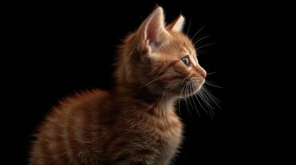 Wall Mural - A close-up profile of an orange tabby kitten against a black background, showcasing its curious expression and soft fur