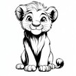 © WisChi - Adorable Cartoon Lion Cub Sitting Black and White Illustration Cute Animal Design