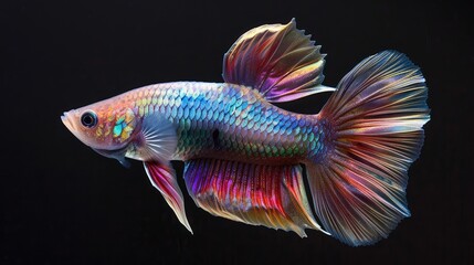 Wall Mural - Colorful betta fish swimming gracefully against a dark background, showcasing vibrant fins and scales