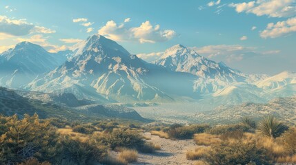 Wall Mural - Majestic mountain landscape with rolling hills and distant peaks under a bright blue sky, evoking tranquility and adventure