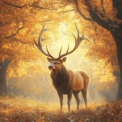 Wall Mural - Regal stag stands majestically under golden autumn leaves bathed in dappled sunlight