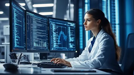 Female Programmer Working Late on Multiple Monitors Displaying Code