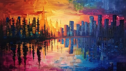 Wall Mural - Vibrant city skyline at sunset reflected in water, showcasing colorful hues and abstract brush strokes